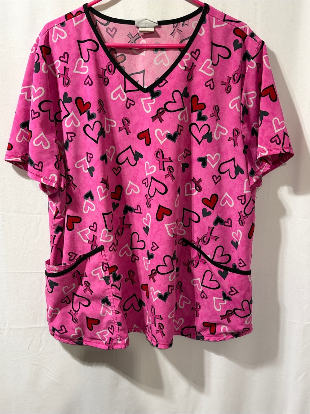 Women’s Pink Heart/ Ribbon -Print V-Neck Scrub Top